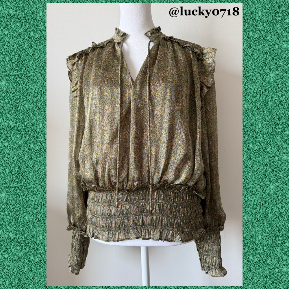 Elon for Rails NWOT Green Floral Smocked Waist Boho Blouse Sz S